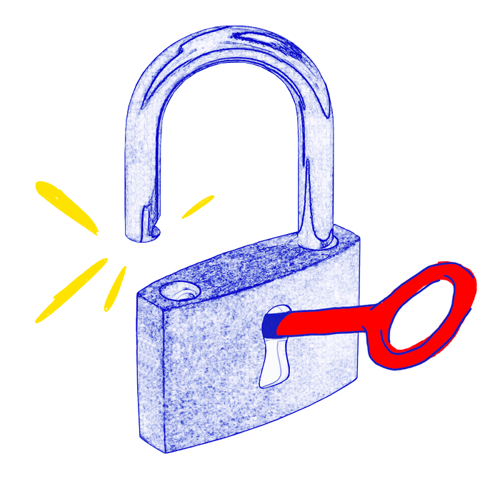 an open padlock with a key